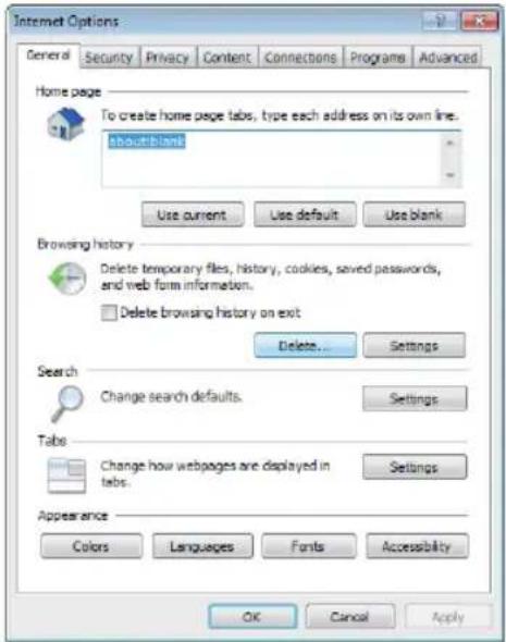 Internet Options General Security Privacy Content Connections Programs Advanced Home page To create home page tabs, type each address on its own line. eBookTitle Use current Use default Use blank Browsing history Delete temporary files, history, cookies, saved passwords, and web form information. Delete browsing history on exit Delete... Settings Search Change search defaults. Settings Tabs Change how webpages are displayed in tabs. Settings Appearance Colors Languages Fonts Accessibility OK Cancel Apply