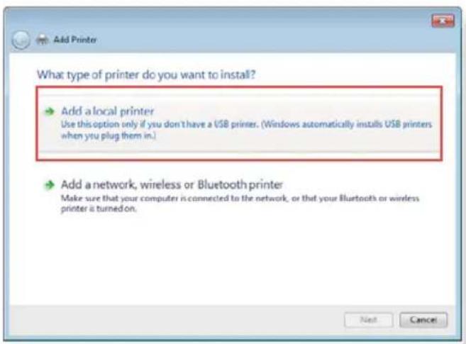 Add Printer What type of printer do you want to install? → Add a local printer Use this option only if you don't have a USB printer. (Windows automatically installs USB printers when you plug them in.) → Add a network, wireless or Bluetooth printer Make sure that your computer is connected to the network, or that your Bluetooth or wireless printer is turned on. Next Cancel