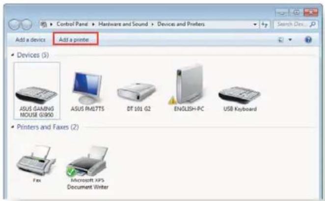 Control Panel > Hardware and Sound > Devices and Printers Add a device Add a printer Devices (5) ASUS GAMING MOUSE G1900 ASUS RML7TS DT 101 G2 ENGLISH-PC USB Keyboard Printers and Faxes (2) Fax Microsoft XPS Document Writer