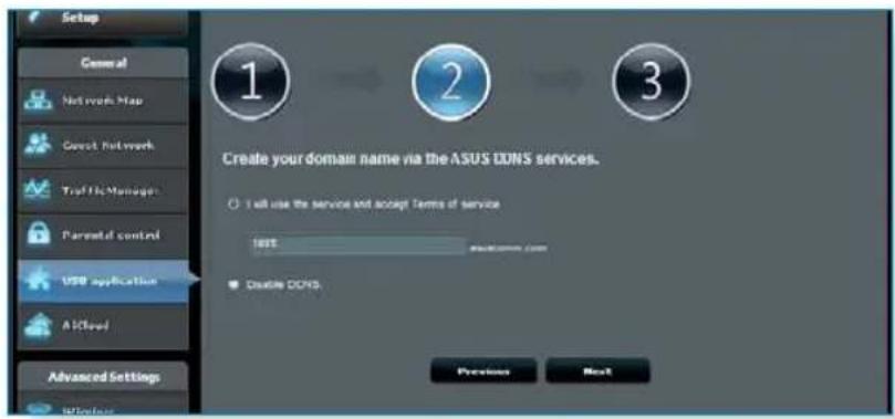 Setup General Network Map Goost Network Traffic Manager Parental control USB application A/Closed Advanced Settings Windows 1 2 3 Create your domain name via the ASUS EXNS services. ○ I will use the service and accept Terms of service TEST Microsoft Corp ● Disable EXNS Preview Next