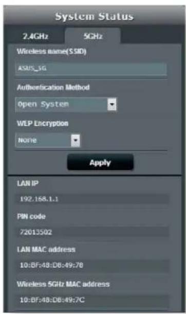 System Status 2.4GHz 5GHz Wireless name(SSID) ASUS_5G Authentication Method Open System WEP Encryption None Apply LAN IP 192.168.1.1 PIN code 72013502 LAN MAC address 10:BF:48:D8:49:78 Wireless 5GHz MAC address 10:BF:48:D8:49:7C