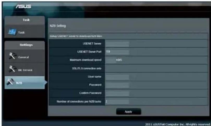 ASUS Task Task Settings General DB Torrent NZB NZB Setting Setup USNET server to download NZB Disk. USENET Server USENET Server Port 119 Maximum download speed XRS SIS/TL5 connection only User name Password Custom Password Number of connections per NZB tasks 2 Apply 2011 ASUSTek Computer Inc. All rights reserved.