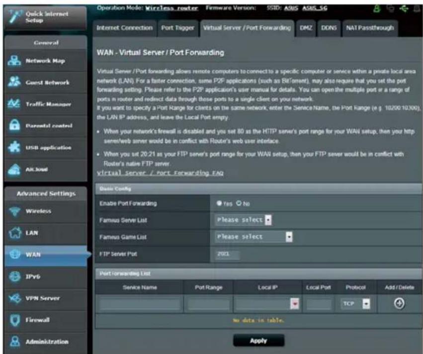 Quick Internet Setup Internet Connection Port TiggerVirtual Server / Port Forwarding DMZ DONS NAT Passthrough WAN - Virtual Server / Port Forwarding Virtual Server / Port forwarding allows remote computers to connect to a specific computer or service within a private local area network (LAN). For a faster connection, some P2P applications (such as BitTorrent), may also require that you set the port forwarding setting. Please refer to the P2P application's user manual for details. You can open the multiple port or a range of ports in router and redirect data through those ports to a single client on your network. It you want to specify a Port Range for clients on the same network, enter the Service Name, the Port Range (e.g. 10/200-10/30), the LAN IP address, and leave the Local Port empty. • When your network's firewall is disabled and you set 80 as the HTTP server's port range for your WAN setup, then you http server/web server would be in conflict with Router's web user interface. • When you set 20:21 as your FTP server's port range for your WAN setup, then your FTP server would be in conflict with Router's native FTP server. Virtual Server / Port Forwarding FAQ Basic Config Enable Port Forwarding Yes No Famous Server List Please select Famous Game List Please select FTP Server Port 2021 Port-forwarding List Service Name Port Range Local IP Local Port Protocol Add / Delete TCP No data is table. Apply