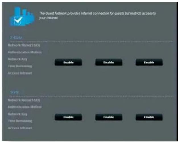 The Guest Network provides Internet connection for guests but restricts access to your Intranet 7.4000 Network Name($SIE) Authentication Method Internet Key Time Remunacing Access Intranet Enable Enable Enable 1000 Network Name($SIE) Authentication Method Internet Key Time Remunacing Access Intranet Enable Enable Enable