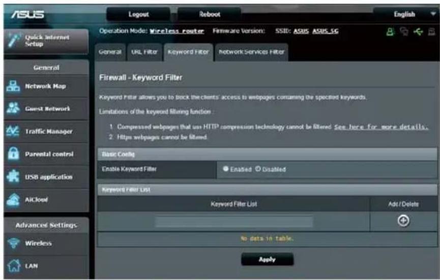 ASUS Logout Reboot English Operation Mode: Wireless router Firmware Version: SSID: ASUS ASUS 3G General URL Filter Keyword Filter Network Services Filter Firewall - Keyword Filter Keyword Filter allows you to block the clients' access to webpages consuming the specified keywords. Limitations of the keyword filtering function 1 Compressed webpages that use HTTP compression technology cannot be filtered. See here for more details. 2 Https webpages cannot be filtered Basic Config Enable Keyword Filter Enabled Disabled Keyword Filter List Keyword Filter List Add/Delete No data in table. Apply