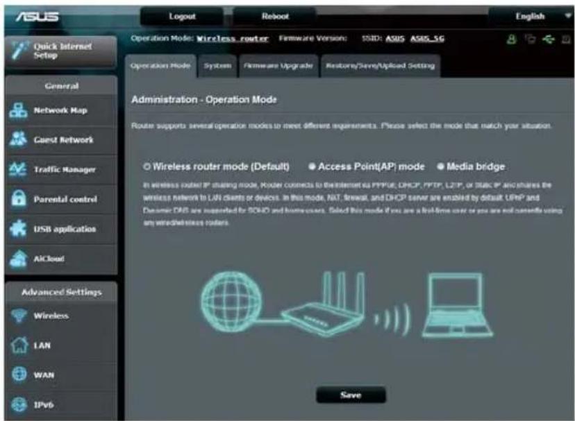 ASUS Logout Reboot English Operation Mode: Wireless router Firmware Version: S3D: ASUS ASRS 5G Operation Mode System Firmware Upgrade Restore/Save/Upload Setting General Network Map Cannot Network Traffic Manager Parental control USB application AlCloud Advanced Settings Wireless LAN WAN IPv6 Administration - Operation Mode Router supports several operation modes to meet different requirements. Please select the mode that match your situation. ○ Wireless router mode (Default) ● Access Point(AP) mode ● Media bridge In wireless router IP sharing mode, Router connects to the Internet via PPPGE, DPCFP, PFTP, LZFP, or Static IP, which shares the wireless network to LAN clients or devices. In this mode, NAT, firewall, and DHCP server are enabled by default UPMP and Dynamic DNS are supported for SODS and home users. Select this mode if you are a first-time user or you are not currently using any wireless routers. Save