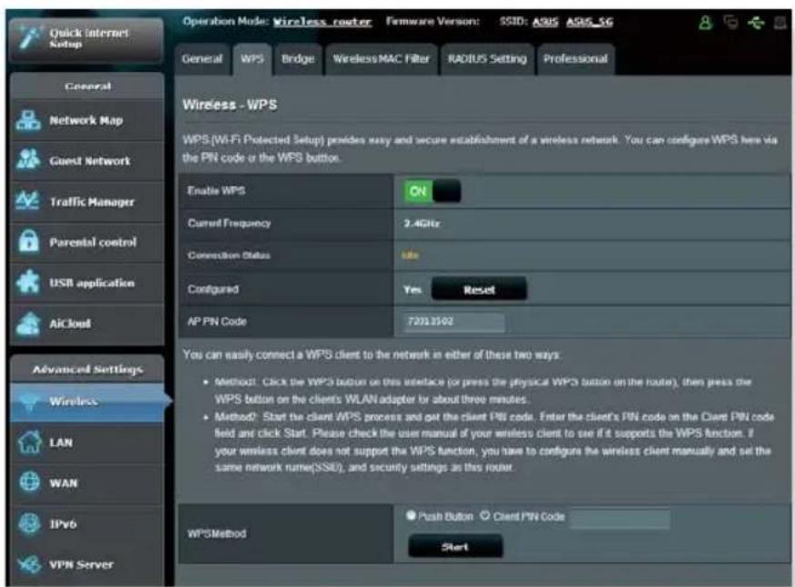 Operation Mode: Wireless router Firmware Version: SSID: AOSA ASIS SG General WPS Bridge Wireless MAC Filter RADIUS Setting Professional Wireless - WPS WPS(Wi-Fi Protected Setup) provides easy and secure establishment of a wireless network. You can configure WPS here via the PN code or the WPS button. Enable WPS ON Current Frequency 2.4GHz Connection Status Idle Configured Yes Reset AP PN Code 72013502 You can easily connect a WPS client to the network in either of these two ways. • Method: Click the WPS button on this interface (or press the physical WPS button on the router), then press the WPS button on the client's WLAN adapter for about three minutes. • Method: Start the client WPS process and put the client PN code. Enter the client's PN code on the Client PN code field and click Start. Please check the user manual if your wireless client to use if it supports the WPS function. If your wireless client does not support the WPS function, you have to configure the wireless client manually and set the same network name(SSIL), and security settings as this router. WPSMethod Push Button Client PN Code Start Advanced Settings Wireless LAN WAN IPv6 VPN Server