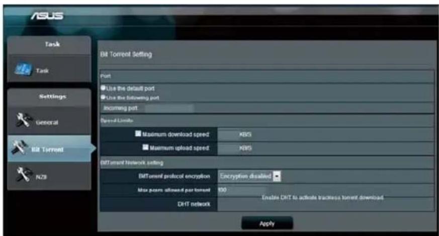 ASUS Task Task Settings General Bit Torrent NZB Bit Torrent Setting Port Use the default port Use the following port Incoming port Speed Limits Maximum download speed XBS Maximum upload speed XBS DHT Torrent Network setting BITorrent protocol encryption Encryption disabled Max points allowed per torrent 100 Enable DHT to activate trackless torrent download DHT network Apply