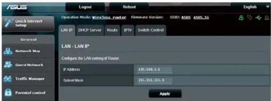 ASUS Logout Reboot Operation Mode: Wireless router Firmware Version: SSID: ASUS ASUS 1G LAN IP DHOP Server Route IPTV Switch Control LAN - LAN IP Configure the LAN setting of Router. IP Address 197.168.1.1 Subnet Mask 255.255.255.0 Apply