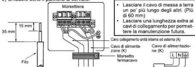 35 mm 15 mm Filo Morsettiera • Lasciare il cavo di messa a terra un po' più lungo degli altri. (Più di 60 mm) • Lasciare una lunghezza extra ai cavi di collegamento per permettere la manutenzione futura. Cavo collegamento unità interna ed esterna (A) Cavo di alimentazione (K) Morsetto fermacavo Cavo di alimentazione (K) L N
