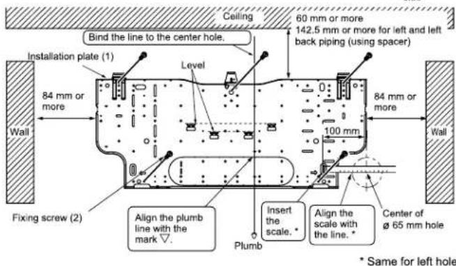 Ceiling 60 mm or more 142.5 mm or more for left and left back piping (using spacer) Bind the line to the center hole. Installation plate (1) Level 84 mm or more Wall Fixing screw (2) Align the plumb line with the mark ▽. Plumb Insert the scale. * Align the scale with the line. * Center of ø 65 mm hole * Same for left hole