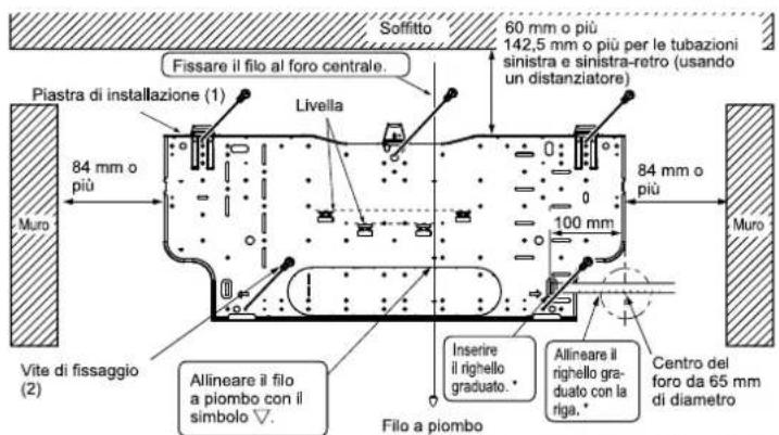 Soffitto 60 mm o più 142,5 mm o più per le tubazioni sinistra e sinistra-retro (usando un distanziatore) Fissare il filo al foro centrale. Piastra di installazione (1) Livella 84 mm o più Muro 84 mm o più 100 mm Muro Vite di fissaggio (2) Allineare il filo a piombo con il simbolo ▼. Inserire il righello graduato.* Filo a piombo Allineare il righello gra- duato con la riga.* Centro del foro da 65 mm di diametro