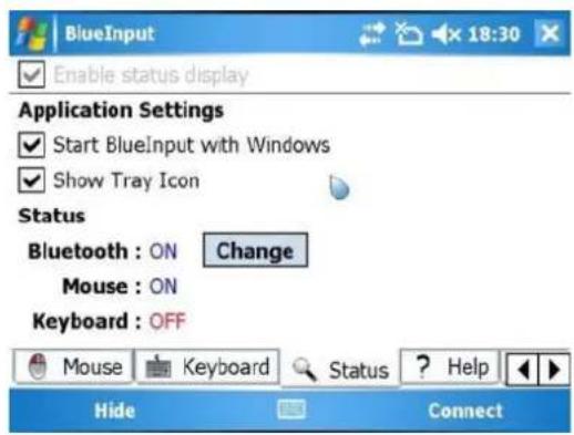 BlueInput Enable status display Application Settings Start BlueInput with Windows Show Tray Icon Status Bluetooth : ON Change Mouse : ON Keyboard : OFF Mouse Keyboard Status ? Help Hide Connect