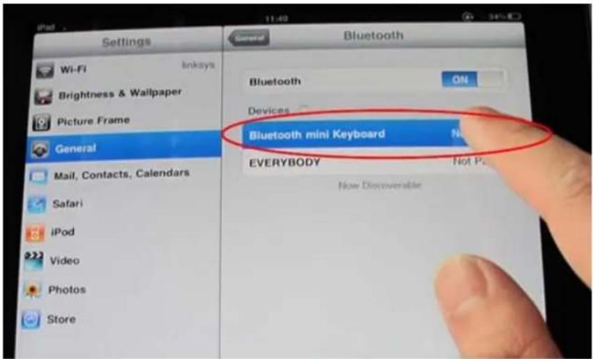 Settings Wi-Fi Linksys Brightness & Wallpaper Picture Frame General Mail, Contacts, Calendars Safari iPod Video Photos Store Bluetooth ON Devices Bluetooth mini Keyboard EVERYBODY Not Pa Now Discoverable