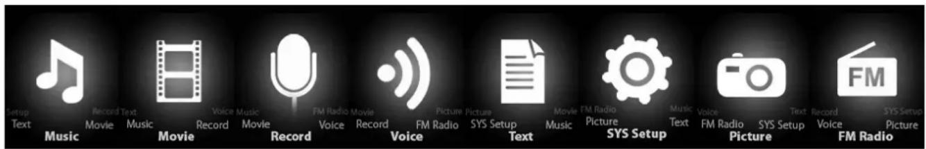 Setup Text Record Text Music Movie Record Music Record FM Radio Movie Voice Record FM Radio Picture Picture Music Picture Music Music Text FM Radio SYS Setup Voice Record FM Radio SYS Setup Music Picture SYS Setup Picture FM Radio SYS Setup Voice Record Music Record Music Record