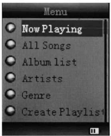 Menu Now Playing All Songs Album list Artists Genre Create Playlist