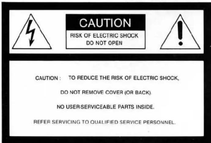 CAUTION RISK OF ELECTRIC SHOCK DO NOT OPEN CAUTION : TO REDUCE THE RISK OF ELECTRIC SHOCK, DO NOT REMOVE COVER (OR BACK). NO USER-SERVICEABLE PARTS INSIDE. REFER SERVICING TO QUALIFIED SERVICE PERSONNEL.