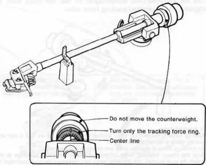 Do not move the counterweight. Turn only the tracking force ring. Center line