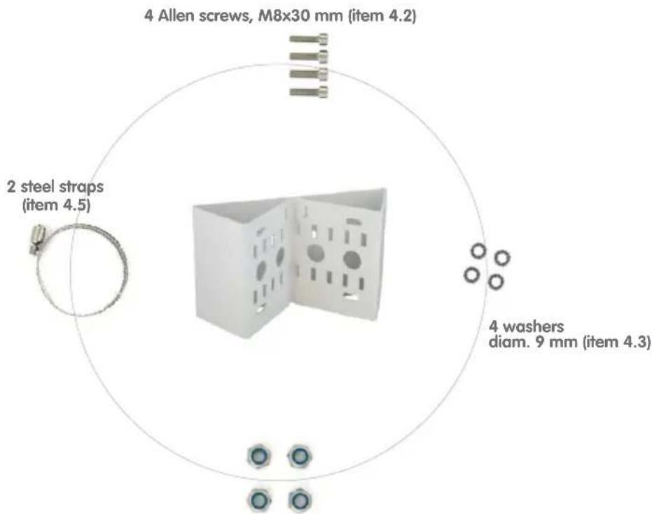 4 Allen screws, M8x30 mm (item 4.2) 2 steel straps (item 4.5) 4 washers diam. 9 mm (item 4.3)