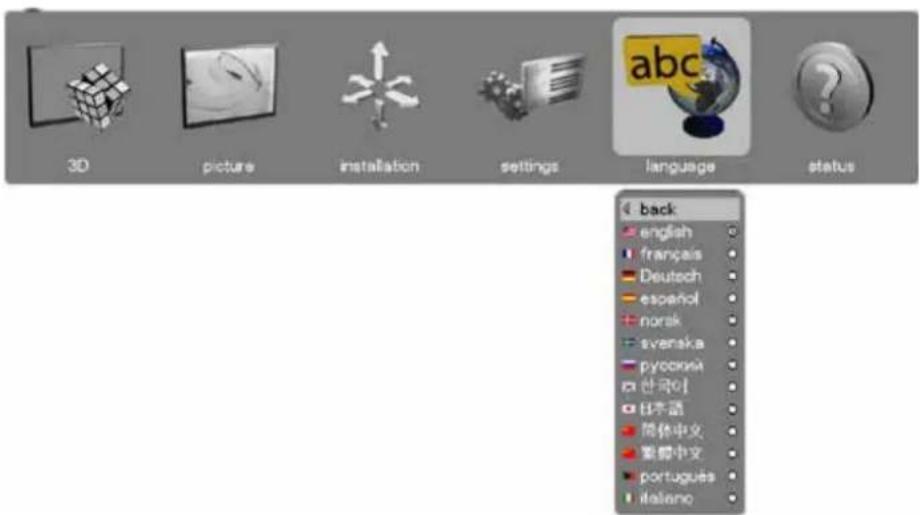 3D picture installation settings language status back english français Deutsch espeñol norsk svenska pyoocui 한국이 日本語 简体中文 聖闕中文 portugues italiano