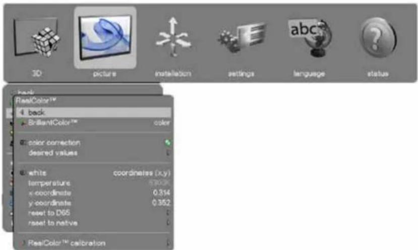 3D picture installation settings language status back RealColor™ back BrilliantColor™ color color correction desired values white coordinates (x,y) temperature 0.3029 x-coordinate 0.314 y-coordinate 0.352 reset to D65 reset to native RealColor™ calibration