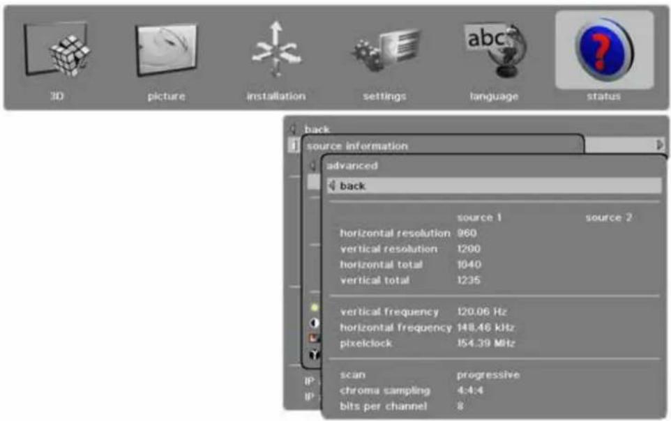 3D picture installation settings language status back source information advanced back source 1 source 2 horizontal resolution 960 vertical resolution 1200 horizontal total 1040 vertical total 1235 vertical Frequency 120.06 Hz horizontal frequency 148.46 kHz pixelclock 154.39 MHz scan progressive chroma sampling 4:4:4 bits per channel 8