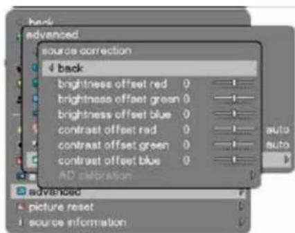 back advanced source correction back brightness offset red 0 brightness offset green 0 brightness offset blue 0 contrast offset red 0 contrast offset green 0 contrast offset blue 0 AD calibration auto auto advanced picture reset source information