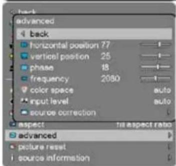 back advanced back horizontal position 77 vertical position 25 phase 18 frequency 2080 color space input level source correction aspect til aspect ratio advanced picture reset source information