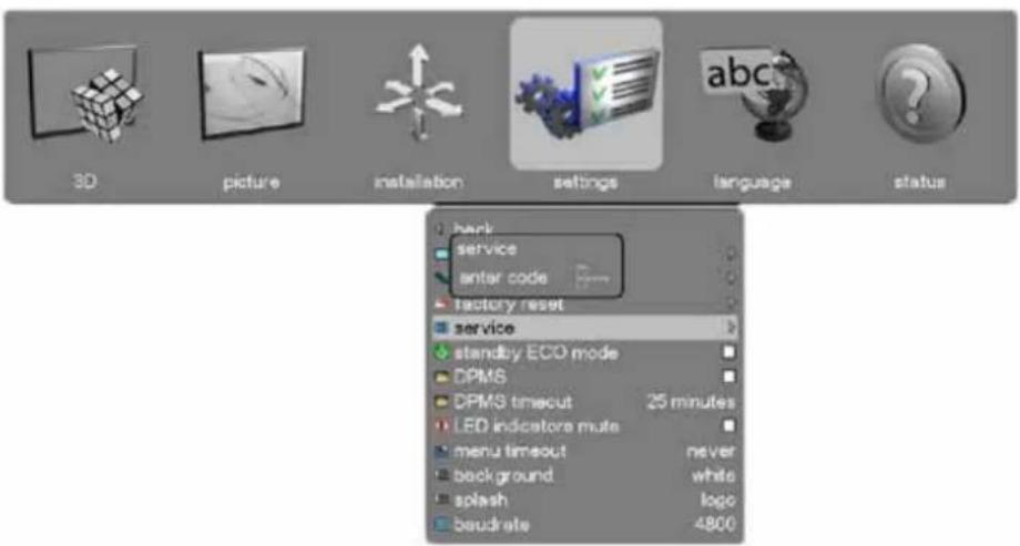 3D picture installation settings language status hark service antar code factory reset service standby ECO mode DPMS DPMS timeout 25 minutes LED indicatore mute menu timeout never background white splash logo baudrate 4800