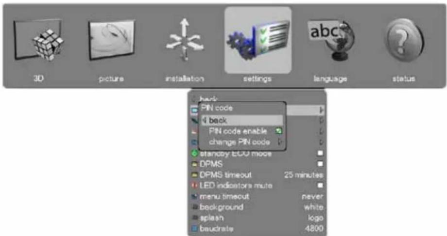 3D picture installation settings language status back PIN code back PIN code enable change PIN code standby ECG mode DPMS DPMS timeout 25 minutes LED indicators mute menu timeout never background white splash logo beaudrate 4800