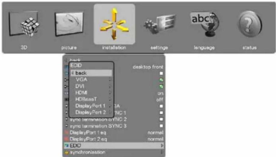 3D picture installation settings language status back EDID back VGA DVI HDMI HDBaseT DisplayPort 1 DisplayPort 2 sync termination SYNC 1 sync termination SYNC 2 sync termination SYNC 3 DisplayPort 1 eq DisplayPort 2 eq END synchronisation desktop front normal normal