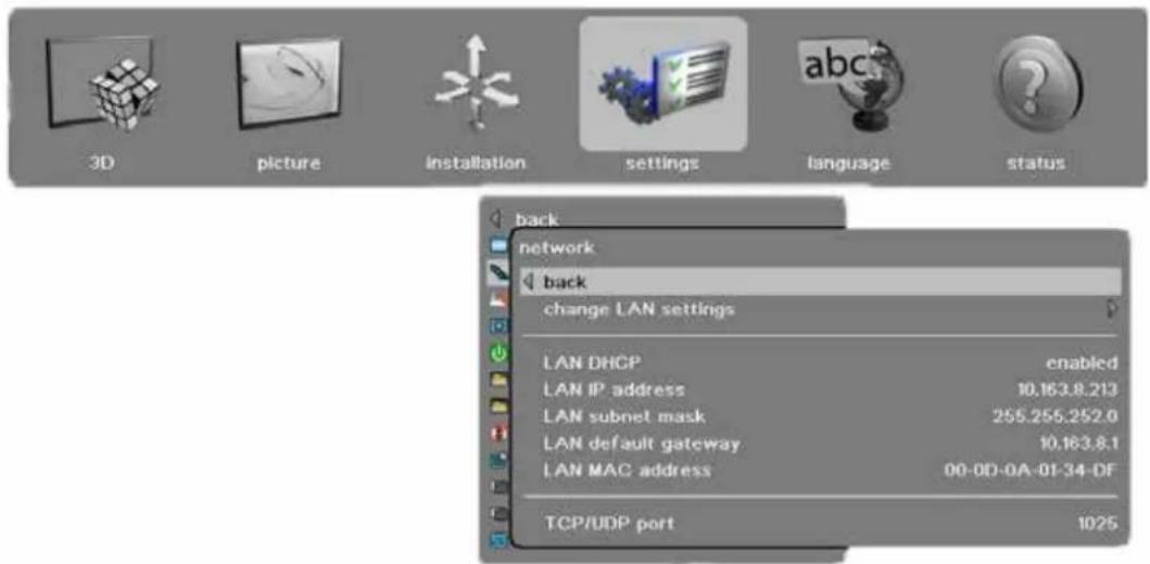 3D picture installation settings language status back network back change LAN settings LAN DHCP enabled LAN IP address 10.163.8.213 LAN subnet mask 255.255.252.0 LAN default gateway 10.163.8.1 LAN MAC address 00-0D-0A-01-34-DF TCP/UDP port 1025