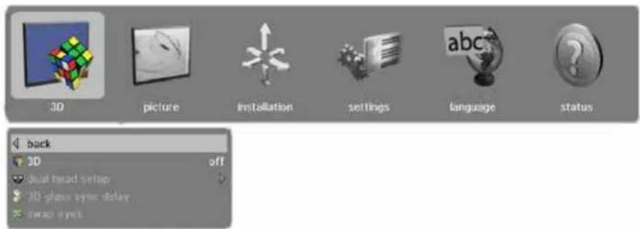 3D picture installation settings language status back 3D off Dual head setup 3D-phase sync delay Swap syncs