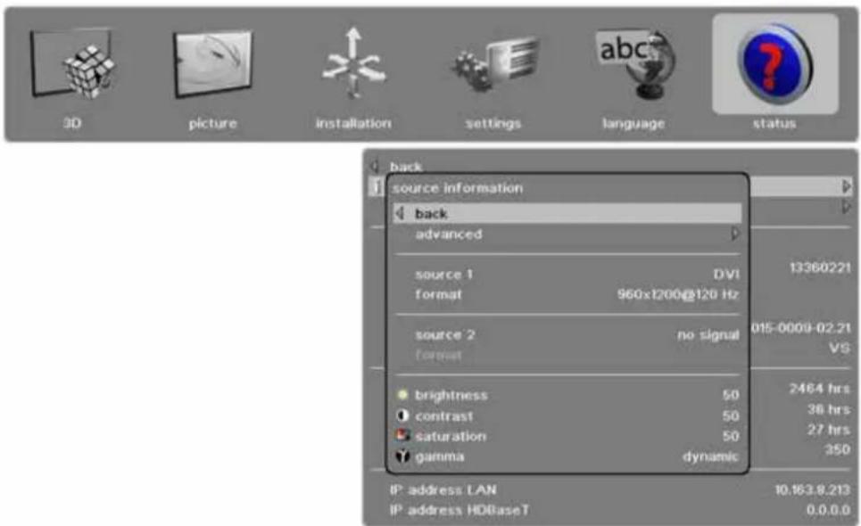 3D picture installation settings language status back source information back advanced source 1 DV1 format 960x1200@120 Hz source 2 no signal format brightness 50 contrast 50 saturation 50 gamma dynamic IP address LAN IP address HDBaseT 13360221 015-0009-02.21 VS 2464 hrs 36 hrs 27 hrs 250 10.163.8.213 0.0.0.0