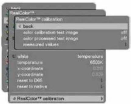 RealColor™ RealColor™ calibration back color calibration test image off color processed test image off measured values white temperature temperature 6000K x-coordinate 0.318 y-coordinate 0.829 reset to DNS reset to native RealColor™ calibration
