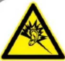 Warning sign depicting an ear with spiked sound waves, commonly used in safety or hazard prevention.