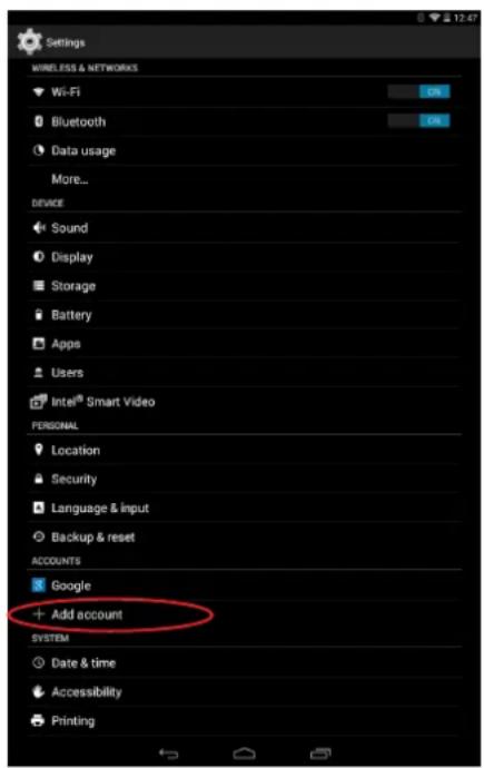 Settings WIRELESS & NETWORKS Wi-Fi Bluetooth Data usage More... DEVICE Sound Display Storage Battery Apps Users Intel® Smart Video PERSONAL Location Security Language & input Backup & reset ACCOUNTS Google Add account SYSTEM Date & time Accessibility Printing