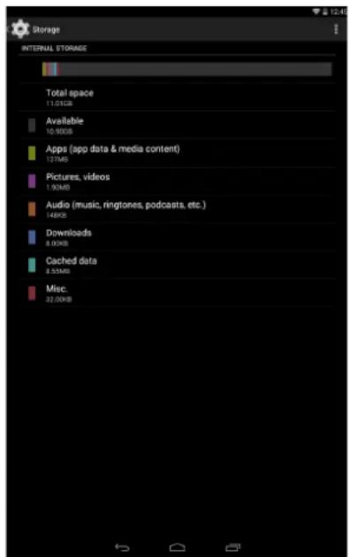 Storage INTERNAL STORAGE Total space 11.01GB Available 10.90GB Apps (app data & media content) 137MB Pictures, videos 1.92MB Audio (music, ringtones, podcasts, etc.) 148KB Downloads 8.90MB Cached data 8.55MB Misc. 32.00KB