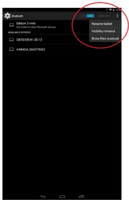 Bluetooth Edison 3 mini Not visible to other Bluetooth devices AVAILABLE DEVICES CB:ED:EB:41:35:12 AINHOA MARTINEZ Rename tablet Visibility timeout Show files received