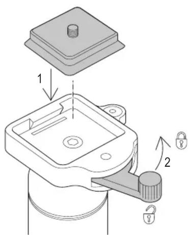 Technical diagram showing a mechanical assembly with labeled parts and directional arrows indicating assembly steps.