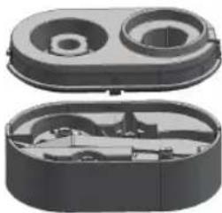 3D cutaway view of a mechanical component showing internal cavities and housing (no text or symbols)