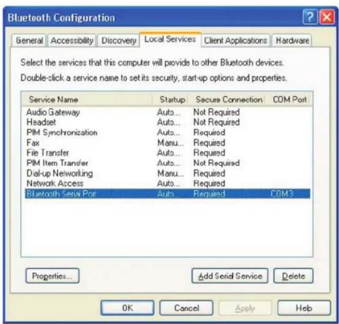 Bluetooth Configuration General Accessibility Discovery Local Services Client Applications Hardware Select the services that this computer will provide to other Bluetooth devices. Double-click a service name to set its security, start-up options and properties. Service Name Startup Secure Connection COM Port Audio Gateway Auto... Not Required Headset Auto... Not Required PIM Synchronization Auto... Required Fax Manu... Required File Transfer Auto... Required PIM Item Transfer Auto... Not Required Dial-up Networking Manu... Required Network Access Auto... Required Bluetooth Serial Port Auto. Required COM3 Properties... Add Serial Service Delete OK Cancel Apply Help
