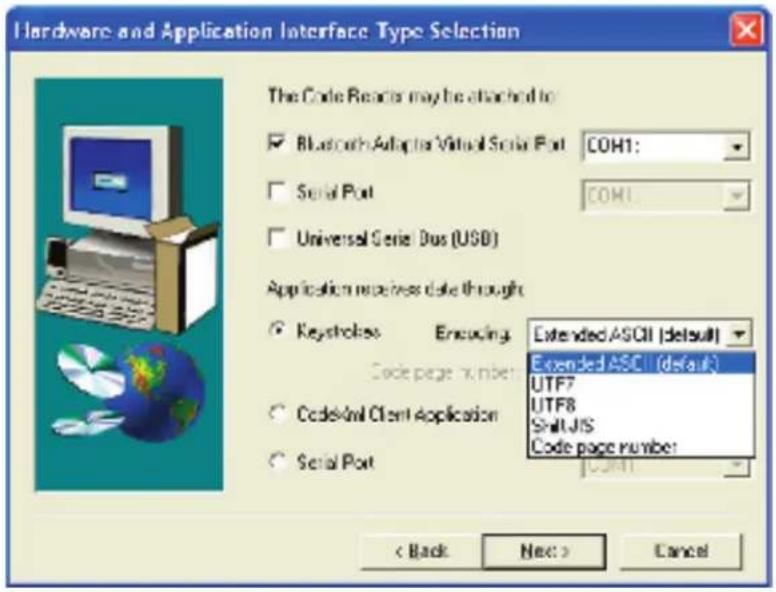 Hardware and Application Interface Type Selection The Code Reader may be attached to Bluetooth Adapter Virtual Serial Port COH1: Serial Port COM1 Universal Serial DOS (USD) Application receive date through Keyframes Encoding Extended ASCII [default] Code page number Extended ASCII [default] UTF7 UTF8 Shift-JIS Code page number Code/All Client Application Serial Port COM1 < Back Next > Cancel