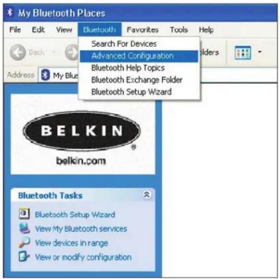 My Bluetooth Places File Edit View Bluetooth Favorites Tools Help Search For Devices Advanced Configuration Bluetooth Help Topics Bluetooth Exchange Folder Bluetooth Setup Wizard Address My Blue BELKIN belkin.com Bluetooth Tasks Bluetooth Setup Wizard View My Bluetooth services View devices in range View or modify configuration