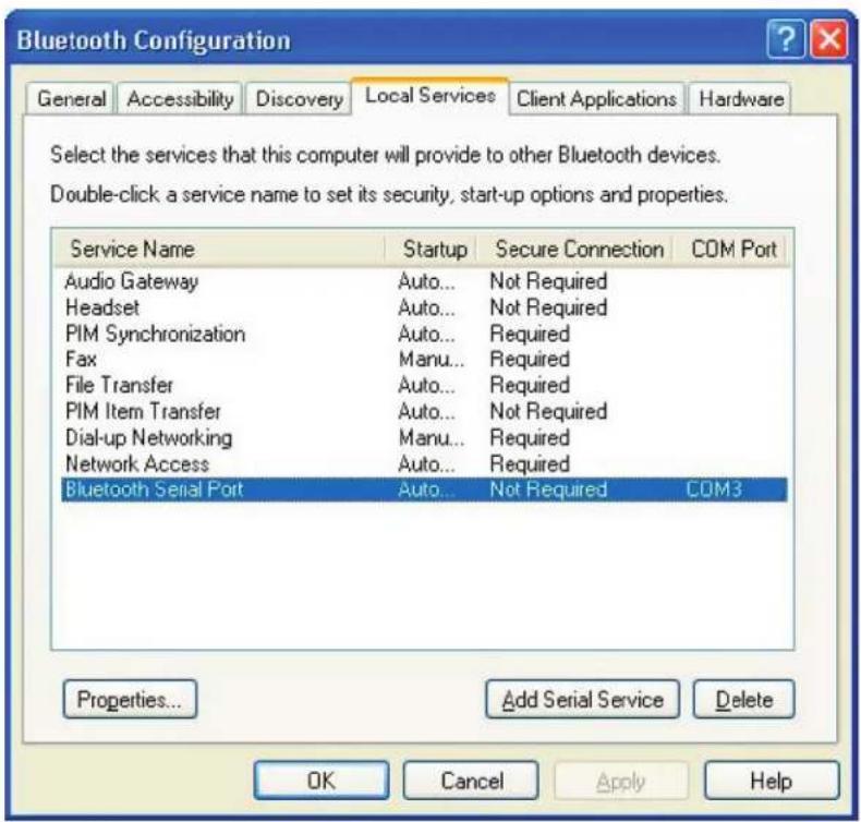 Bluetooth Configuration General Accessibility Discovery Local Services Client Applications Hardware Select the services that this computer will provide to other Bluetooth devices. Double-click a service name to set its security, start-up options and properties. Service Name Startup Secure Connection COM Port Audio Gateway Auto... Not Required Headset Auto... Not Required PIM Synchronization Auto... Required Fax Manu... Required File Transfer Auto... Required PIM Item Transfer Auto... Not Required Dial-up Networking Manu... Required Network Access Auto... Required Bluetooth Serial Port Auto... Not Required COM3 Properties... Add Serial Service Delete OK Cancel Apply Help