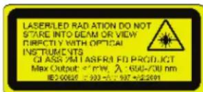 LASER/LED RAD ATION DO NOT STARE INTO GEAR OR VIEW DIRECTLY WITH OPTICAL INSTRUMENTS CLASS 2/MT ASFER FD PRODUCT Max Output: 650-700 nm ISO 90610 = 933 - 947 + 92.201