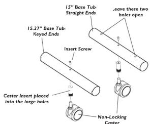 15.27" Base Tub Keyed Ends Insert Screw 15" Base Tub Straight Ends Leave these two holes open Caster Insert placed into the large holes Non-Locking Caster