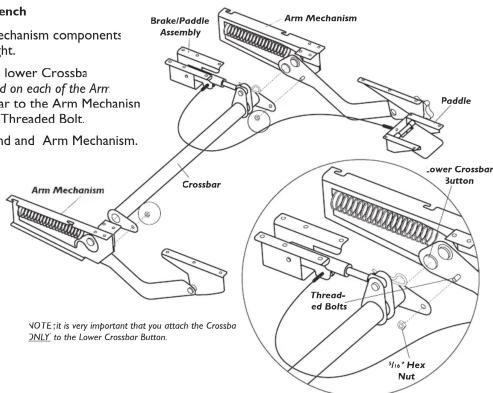rench Mechanism components right. Lower Crossba and on each of the Arr bar to the Arm Mechanism Threaded Bolt and Arm Mechanism. Arm Mechanism Crossbar Paddle Lower Crossbar Button Threaded Bolts Hex Nut NOTE: it is very important that you attach the Crossba JNDY to the Lower Crossbar Button.