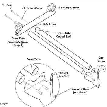 1 t Bolt 1 t Tube Washx Locking Caster Side holes Base Tube Assembly (from Step 9) Cross Tube Coped End Cross Tube Keyed Feature Cap Screw Console Base Junction-Y Screw