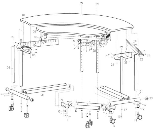 Technical diagram of a mechanical assembly with numbered components and dimension annotations